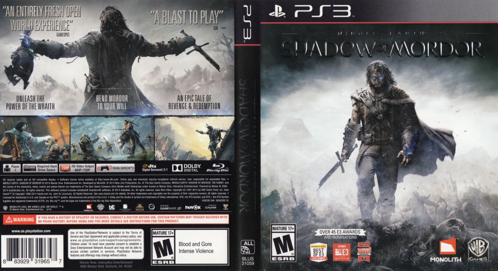 Middle Earth Shadow of Mordor Playstation 3 Game