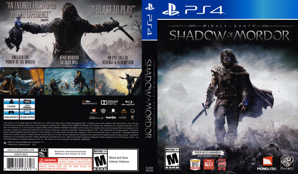 PlayStation 4 : Middle Earth: Shadow of Mordor - PlaySta VideoGames  883929319695 